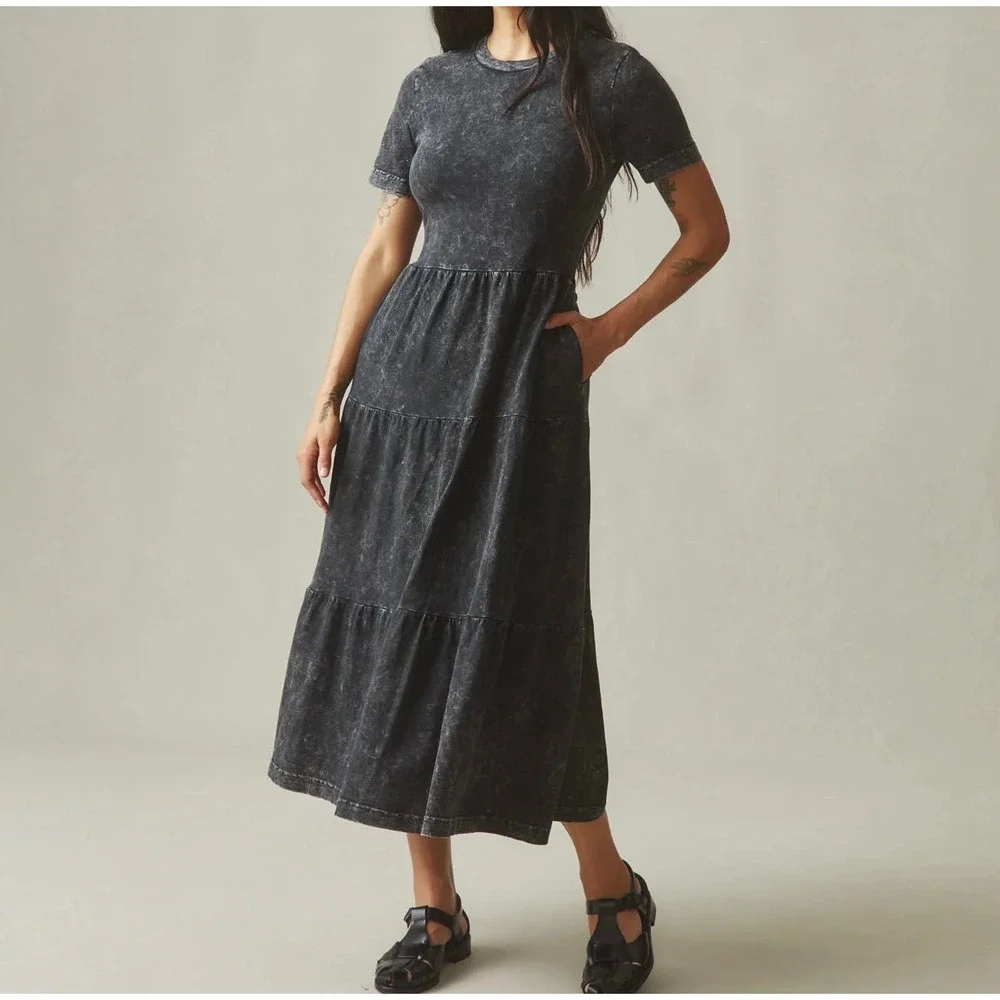American Giant Womens Premium Slub Tiered Midi Dress Small Black Mineral Wash